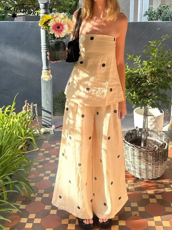 Casual Women Printing Dot Strapless Top Pants Suit Fashion Sleeveless Wide Legs Pant Slim Sets 2025 New Spring Outfit Streetwear