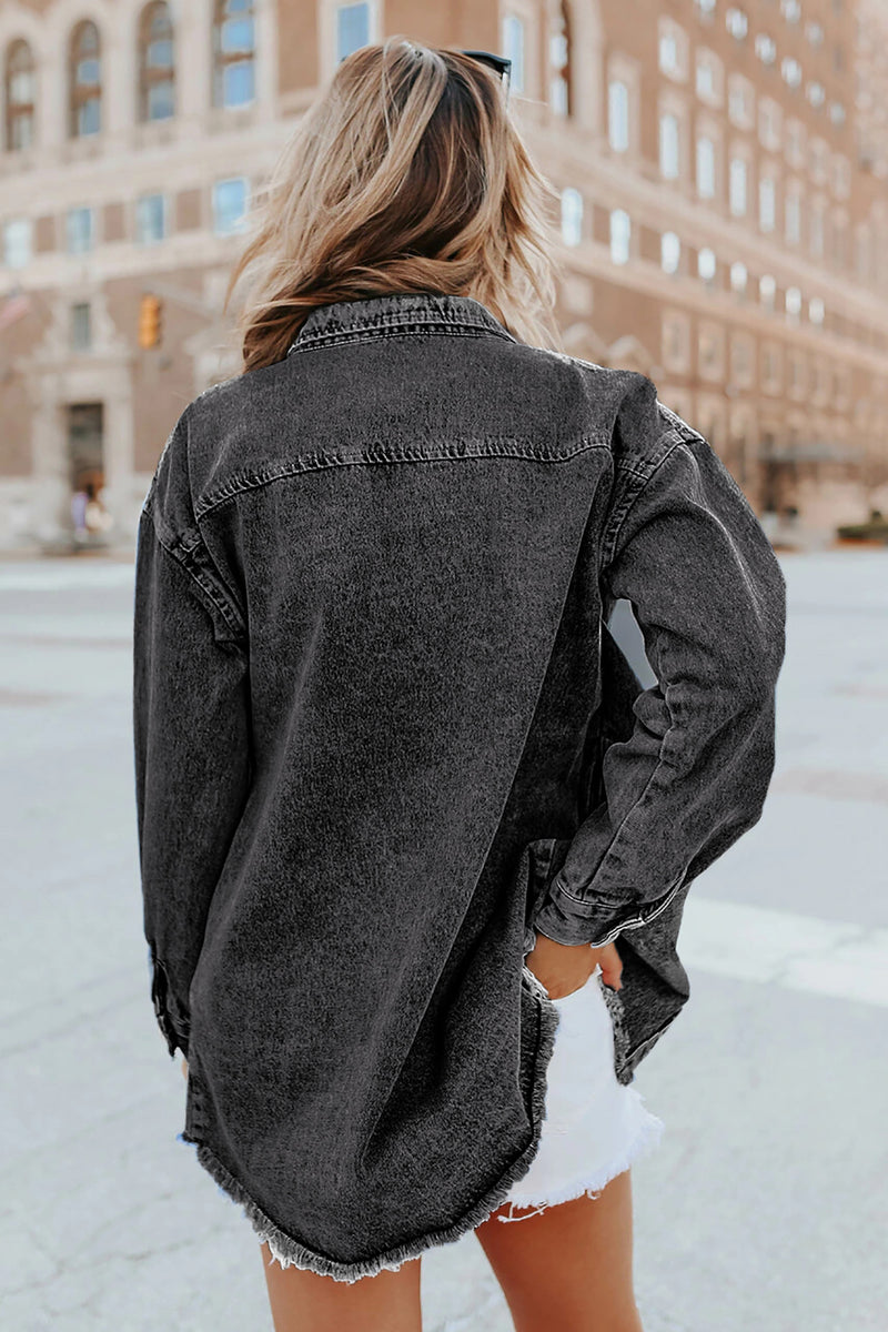 Blank Apparel - Black Pocket Raw Hem Buttoned Denim Jacket