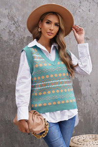 Sky Blue Tribal Print V Neck Knitted Sweater Vest