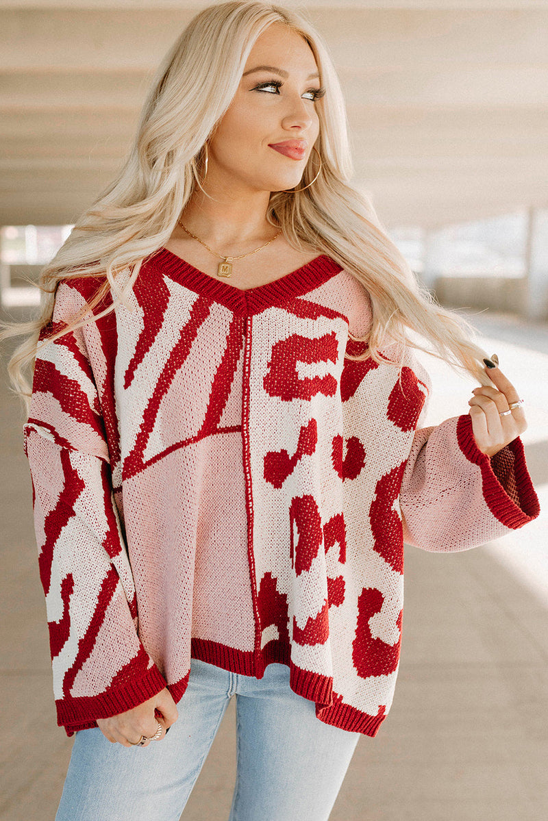 Red Mix Pattern Knit Ribbed Trim Oversize Sweater