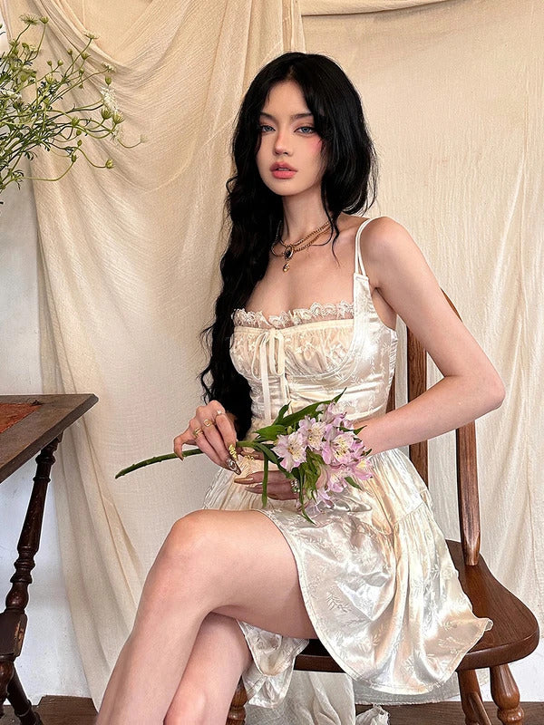 REDDACHiC Medieval Retro Satin Mini Dress Women Jacquard Floral Lace Trim Cami Rompers Going Out Summer Party Desire One-piece