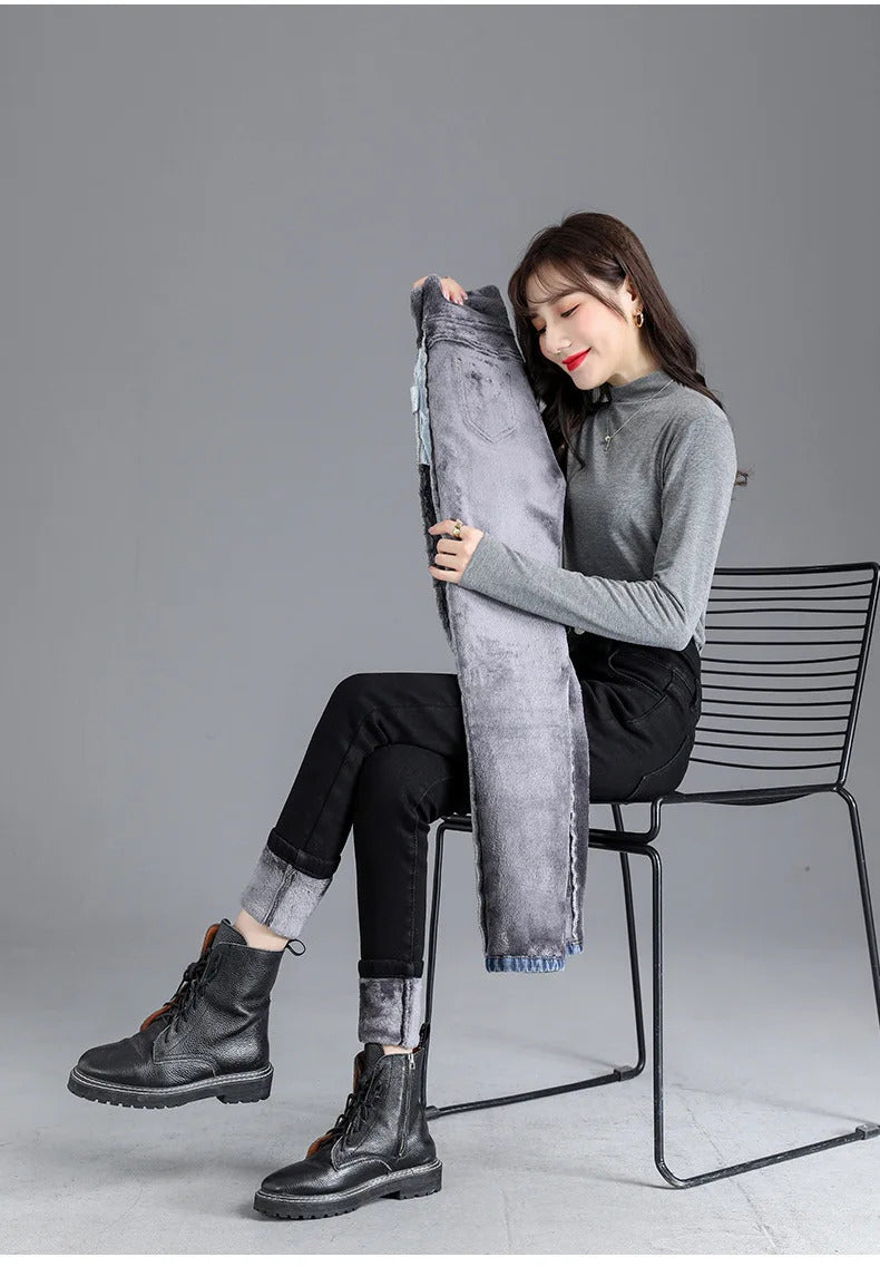 Thermal Winter Thick Fleece High-waist Warm Skinny Jeans Thick Women Stretch Button Pencil Pants Mom Casual Velvet Jeans