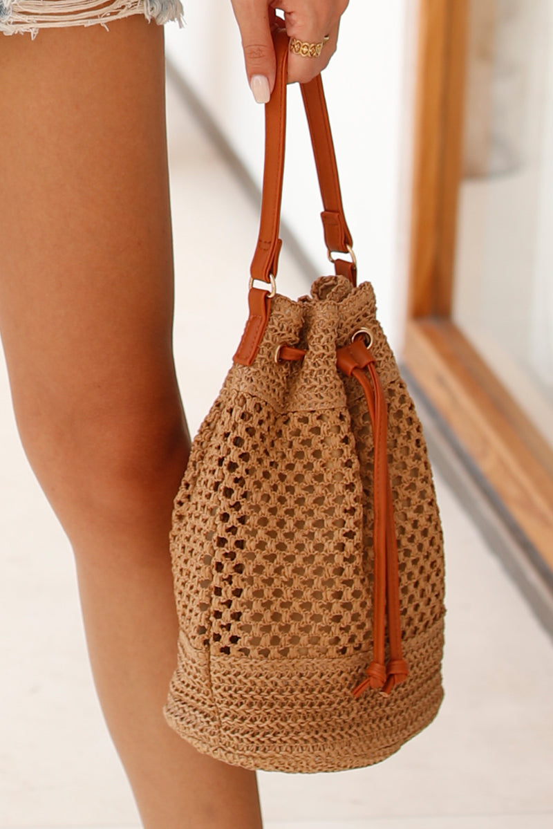 Camel Paper Rope Woven Large Capacity Bucket Bag