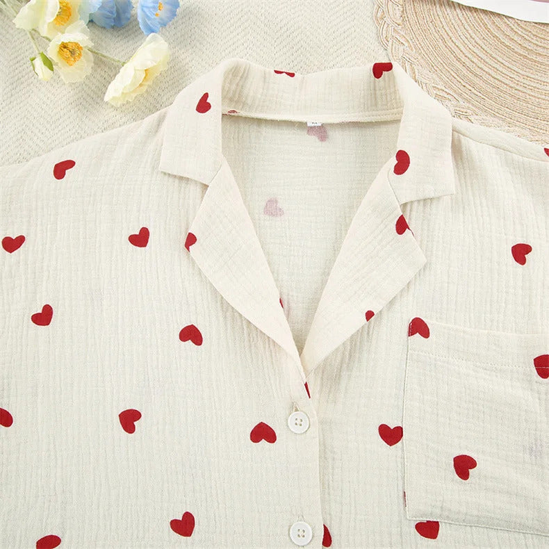 Summer New Love Heart Print Pyjama 100% Cotton Long Sleeve Set 2Pcs Outfit Lapel Sleepwear Button Down Women's Pajamas Nightwear