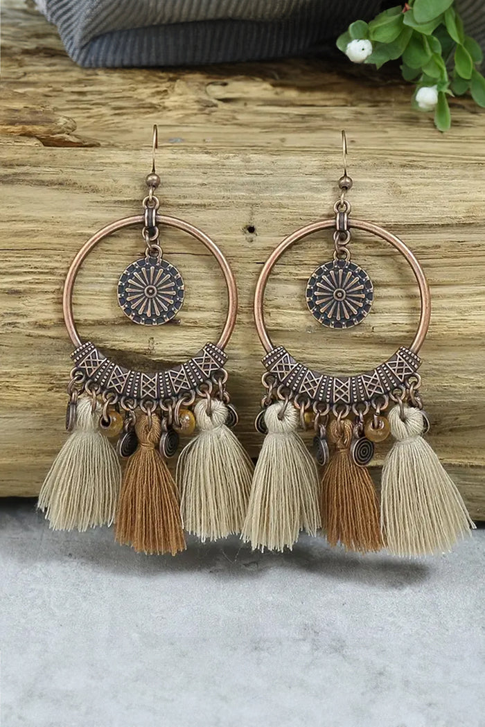 Beige Boho Round Tasseled Dangle Earrings