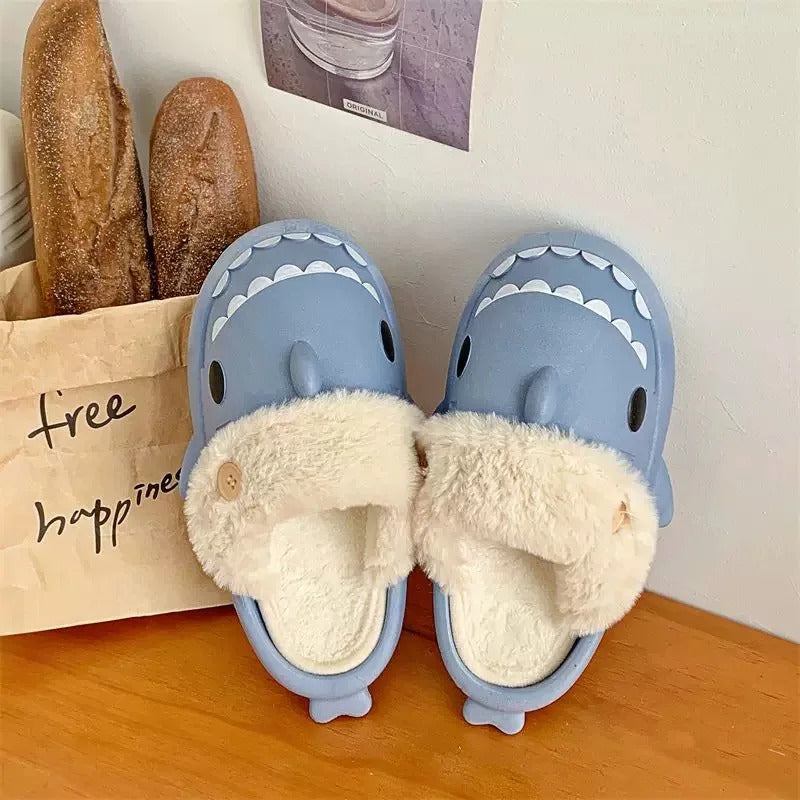 Shark Cotton Slippers Woman Waterproof Winter Indoor Non-slip Slides  Shark Flip Flops Plush Warm Couple Home Sandals Flat Shoe