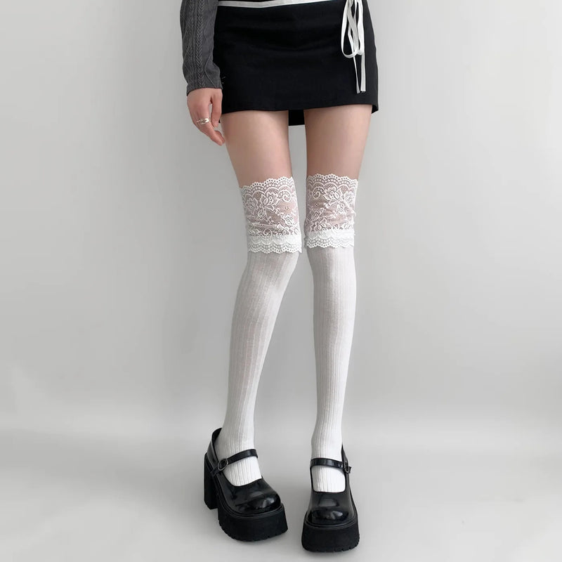 Socks Woman Autumn/Winter Solid Color Thigh High Lace Cute Lolita Thick Warm Stockings Black White Long Leg Socks for Women