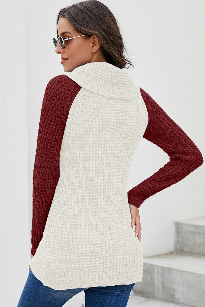 Red Button Turtle Cowl Neck Asymmetric Hem Wrap Pullover Sweater