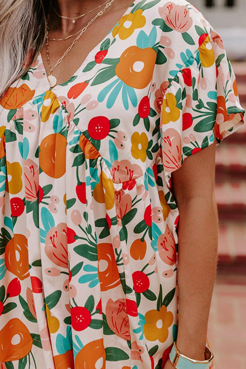 Apricot Floral Print Short Sleeve V Neck Tied Back Blouse