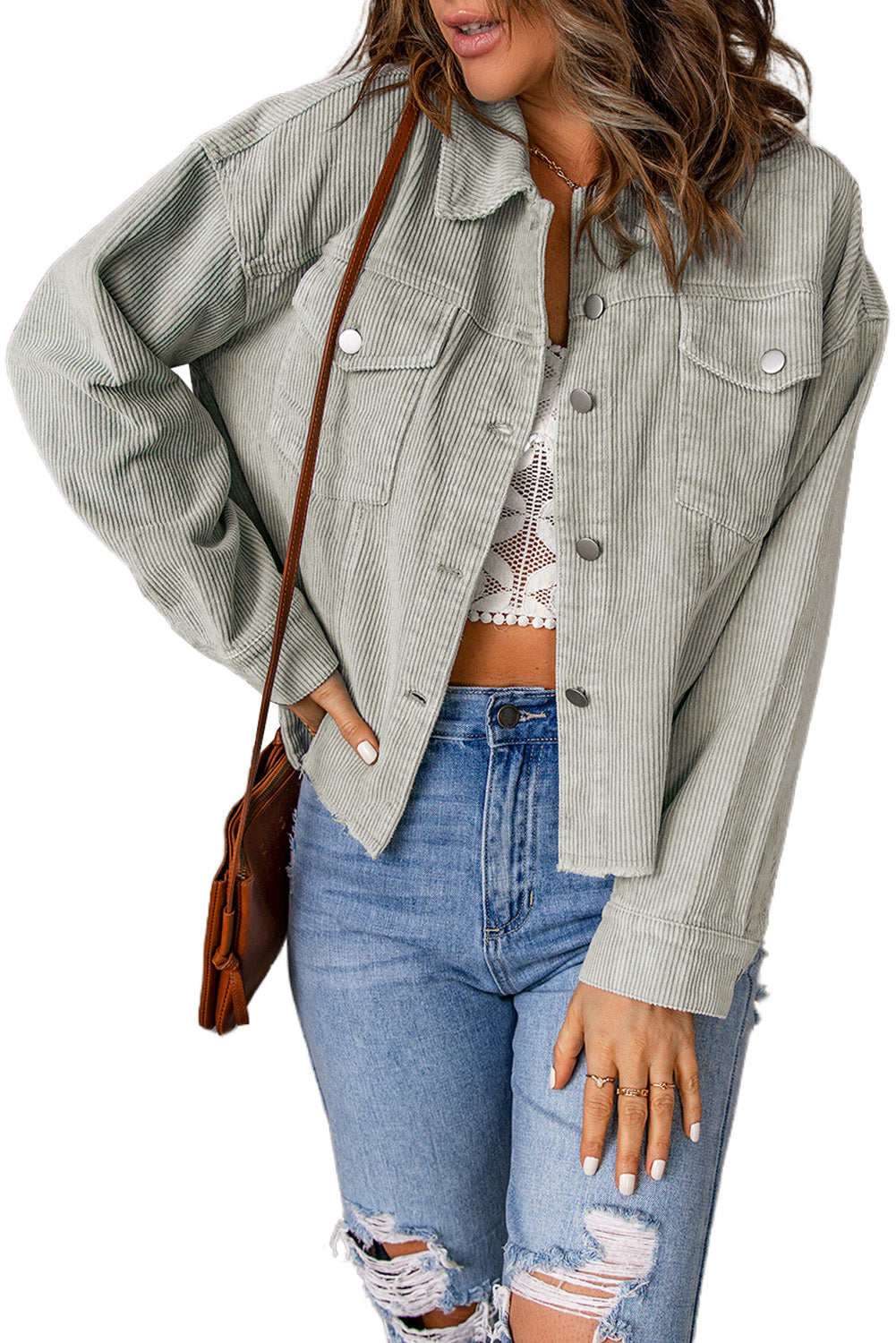 Sky Blue Raw Hem Flap Pockets Cropped Corduroy Jacket