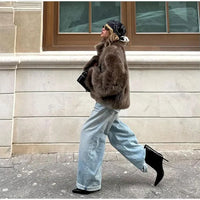 Lapel Brown Women Short Faux Fur Coat Luxurious Fluffy Long Sleeve Warm Jacket 2024 Autumn Winter Lady Solid High Street Outwear