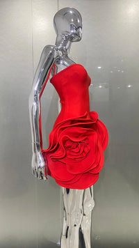 2024 Stereoscopic Flowers Strapless Red Bandage Mini Evening Dress Fashion Woman Birthday Party Dress Celebrity Party Outfit