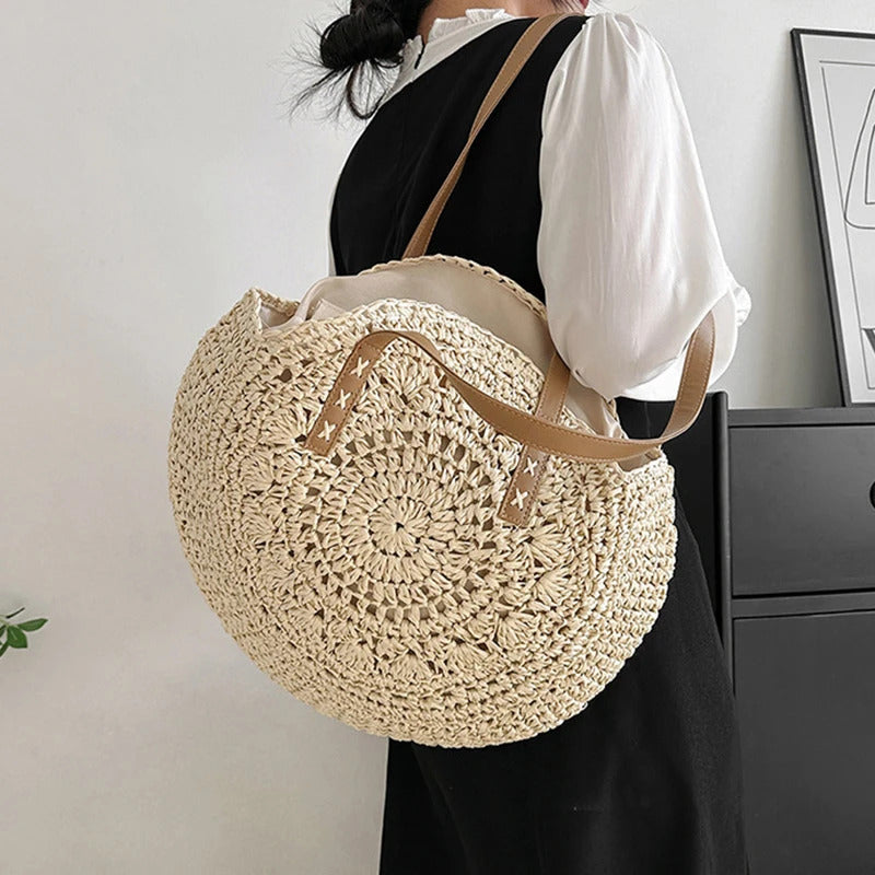 Summer Round Straw Women Vacation Woven Beach Shoulder Bag Large Capacity Hollow Out Simple Tote Bag