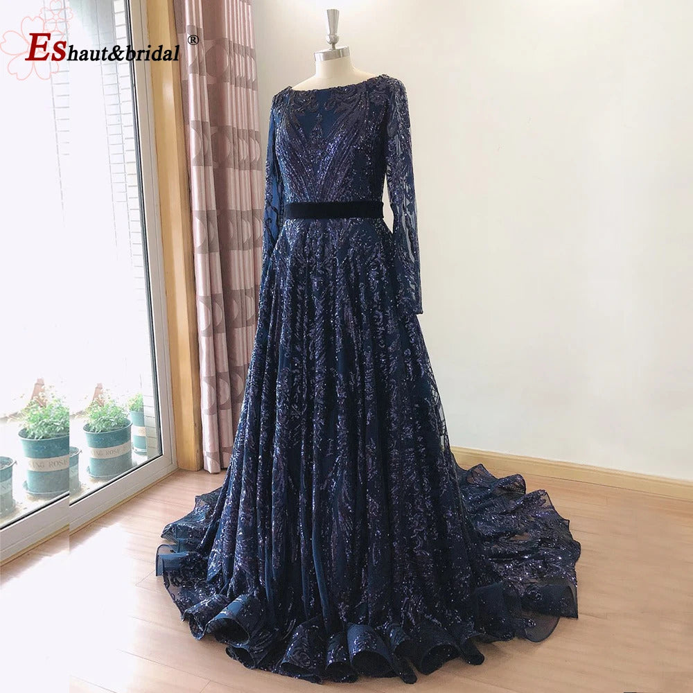 Dubai A-Line Luxury Wedding Evening Dress for Women Muslim 2024 Long Sleeves Sequin Plus Size Formal Prom Party Gown Customized