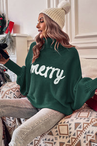 Blackish Green Merry Letter Embroidered High Neck Sweater