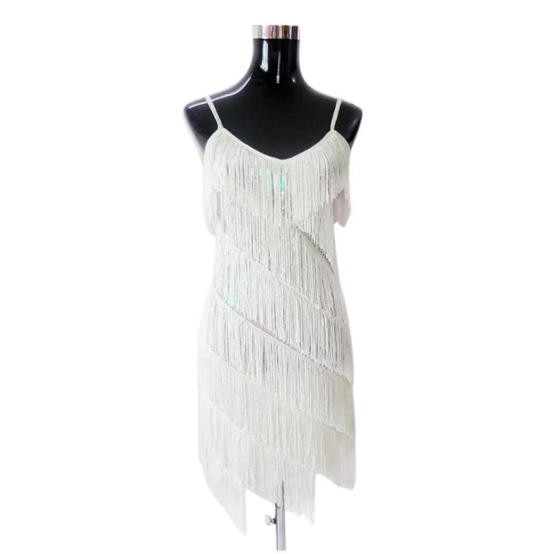 Women Sexy Tassel  Latin Dress Tiered Fringe Flapper Dress Evening Nightclub Dancing Fancy Costumes C-Neck Sequin Dress