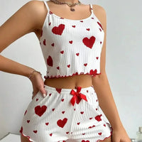 Hot Selling Womens Pajamas Set Sleepwear 2PCS Short Tank Tops And Shorts White Ventilate Soft Casual Red Love Printing Sleepwear