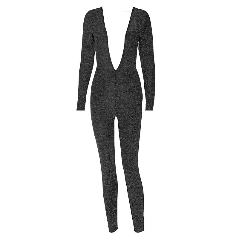 Sexy Deep V Neck Backless Skinny Jumpsuit 2024 Women New Bodycon Streetwear Party Club Elegant Shine Jumpsuits Outfits