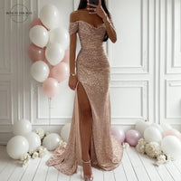 Women Mermaid Champagne Evening Maxi Dresses 2024 Elegant Off-Shoulder Sequin Split Prom Formal Gowns For Party Customized