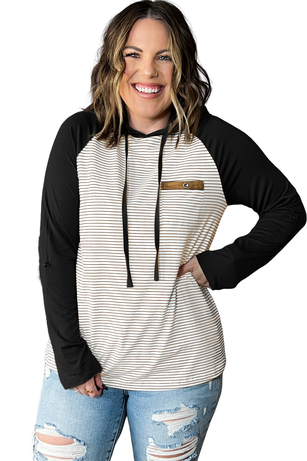 Black Striped Raglan Sleeve Buttoned Pocket Plus Size Hoodie