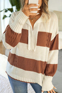 Stripes Collared Neck Corded Sweater