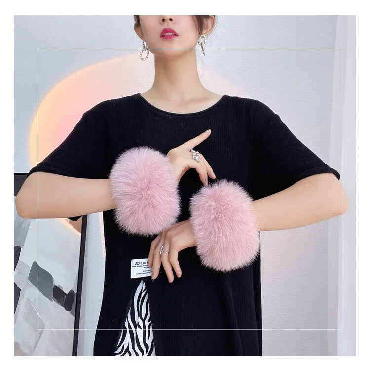 Natural Fox Fur Cuffs Wrist Arm Warmer Women Jacket Coat Sleeve Fur Triming Ladies Bracelet Real Fur Wristand Glove Snap Ring