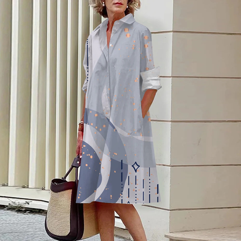 Floral Pattern Shirt Dress Elegant Women's Summer Casual Lapel Long Sleeve Midi Dress High Temperament Fashion Street Shirt