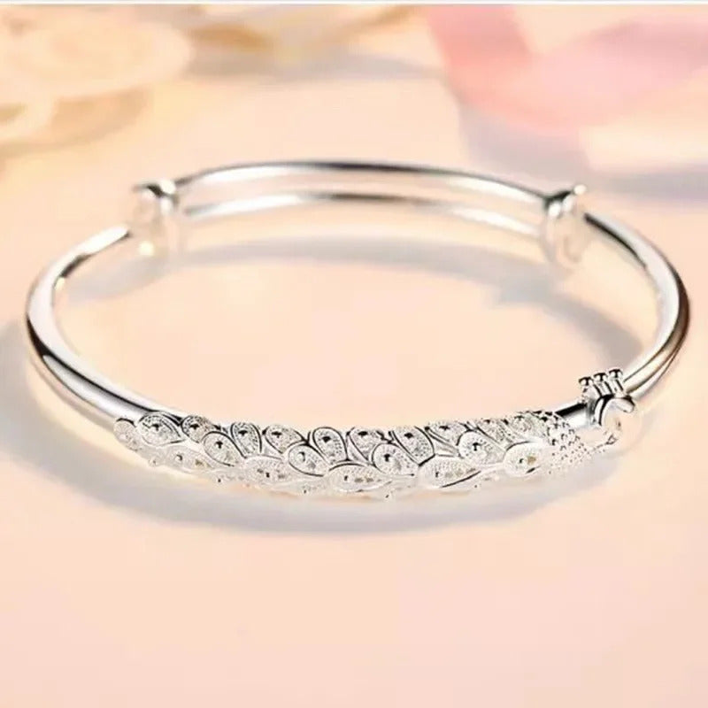 Trendy 925 Sterling Silver Bangles Bracelet Charms Cute Open for Women Fashion Jewelry Adjustment Size Cuff Wedding Party