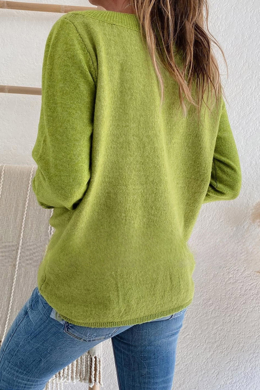 Green Button Tab V Neck Solid Color Sweater