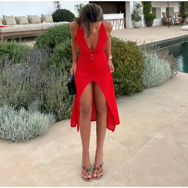 Summer Knitted Hollow Out Long Dress Women Sleeveless Deep V-neck Split Solid Slim Dresses Fashion 2024 Lady Beach Vacation Robe