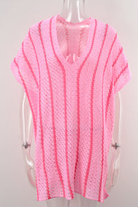 Pink Striped Crochet Loose Fit V Neck Beach Cover Up