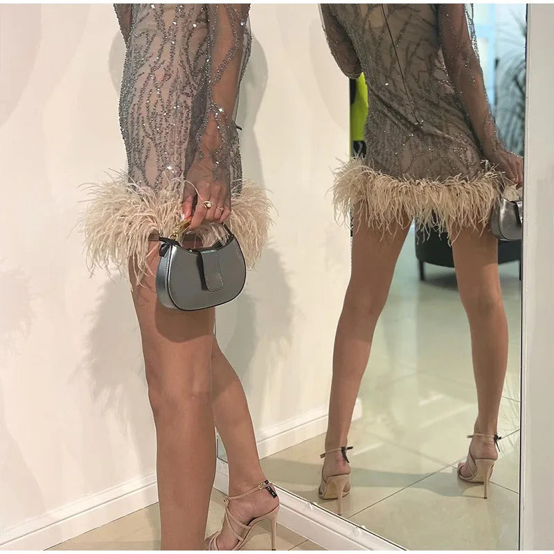 2024 New Feather Sequins Partywear Mini Dresses Women Elegant Mesh Sheer Sequined Long Sleeve Dress Lady Club Evening Vestidos