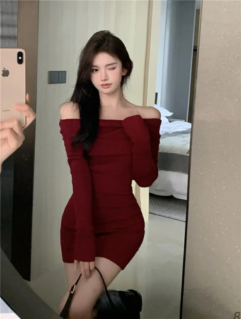 Sexy Dresses Women Backless Knitting Slim Y2k Girls Tender Korean Style Soft Casual Autumn Slash Neck Hotsweet Cozy New Clubwear