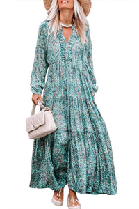 Women's Bohemian Paisley Print Long Sleeve Tiered Maxi Dress