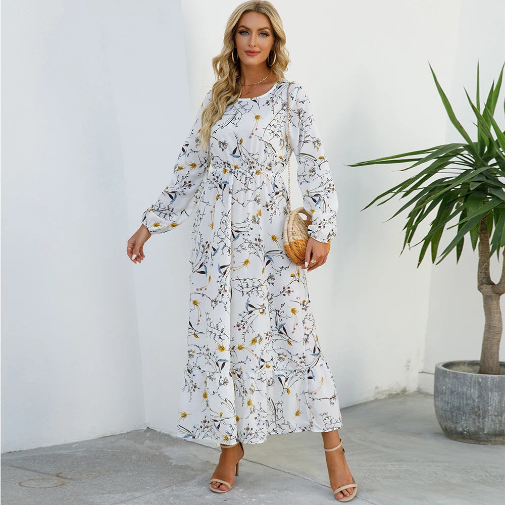 Women Maxi Dresses Sping Autumn Bohemian Casual Full Sleeve High Waist Beach Woman Chiffon Dresses Floral Vestidoes Long Dress