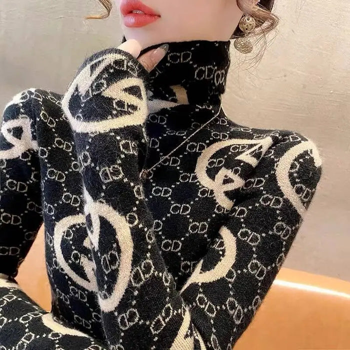 Women Clothing Vintage Jacquard Knitwear Autumn Winter Slim Knitted Turtleneck Pullovers Fashion Comfortable Wool Sweaters