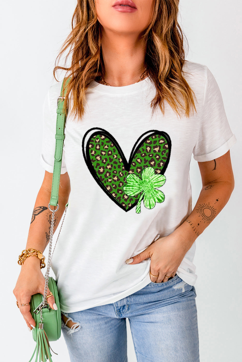 White Clover Leopard Heart Shaped Print Crewneck Graphic Tee