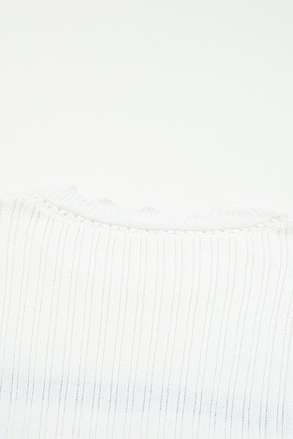 White Striped Ribbed Scalloped Detail Knit Sweater