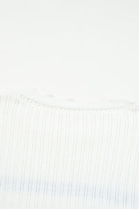 White Striped Ribbed Scalloped Detail Knit Sweater