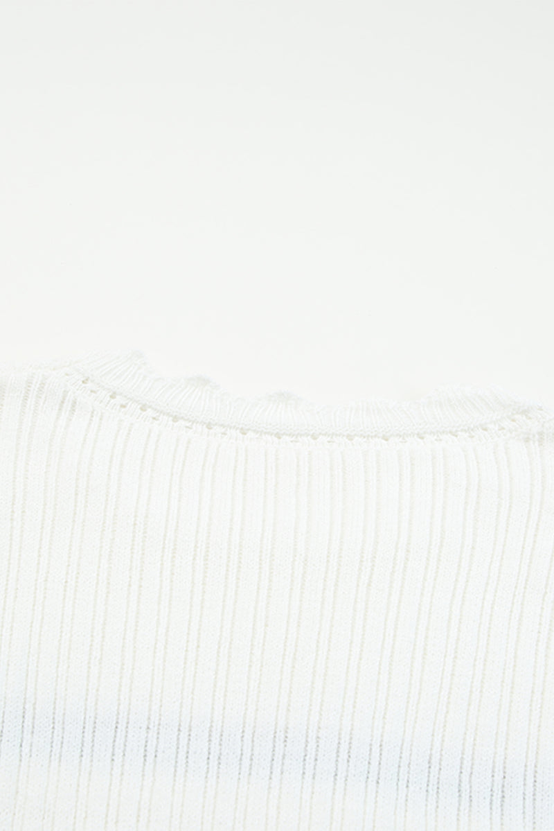 White Striped Ribbed Scalloped Detail Knit Sweater