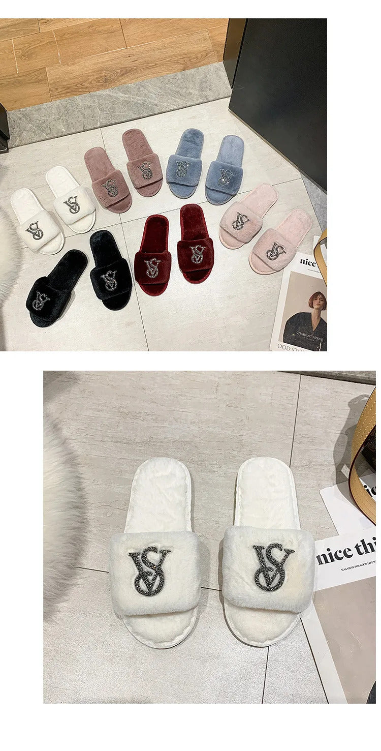 Female Home Cotton Slippers Women Autumn Winter Hairy Warm Footwear Fashion Letter Rhinestones Sandals Woman Casual Flat Shoes