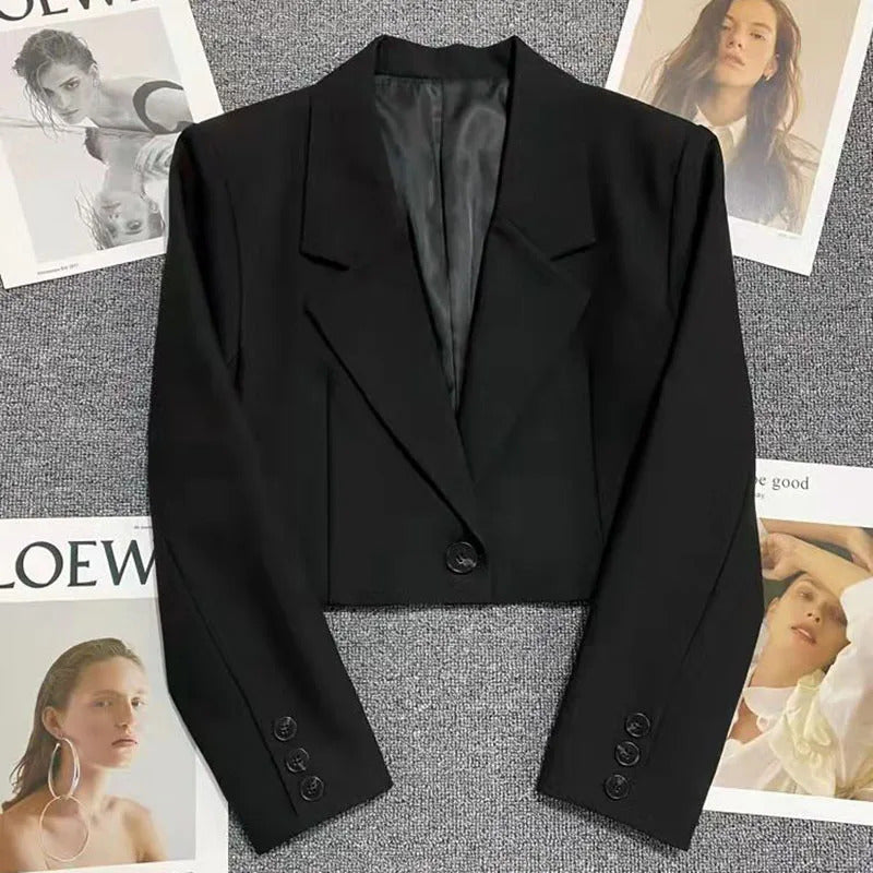 Xpqbb Black Cropped Blazers Woman Trend 2024 New All-match Notched Collar Crop Jacket Women Korean Chic Single Button Suit Coat