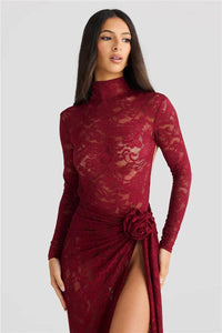 Mozision Lace Sexy Two Piece Sets Women Turtleneck Long Sleeve T-shirt And Floral Maxi Skirt Matching Sets Club Party Split Sets