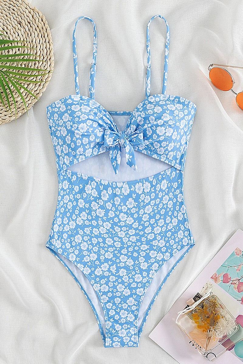 Sky Blue Floral Print Hollow-out Knot Front One Piece Swimsuit