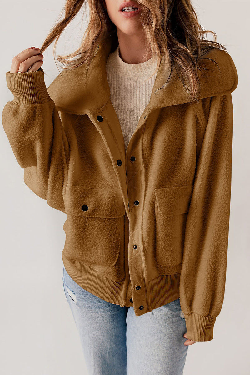 Brown Button Flap Pocket Spread Collar Fleece Jacket