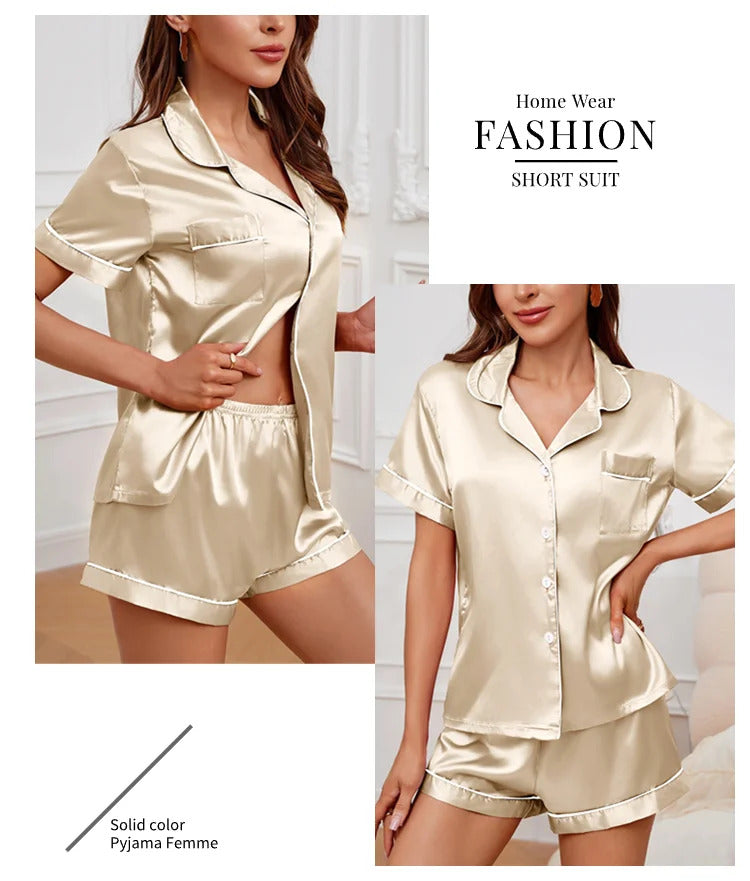 Summer Silk Satin Women Pajamas Set Button Down Top & Shorts 2 Pieces Sleepwear Notched Collar Nightwear Loungewear for Women