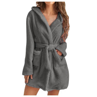 Women Bath Robe Winter Fluffy Plush Pyjamas Ladies Sexy Hooded Dressing Solid Color Gown Warm Bathrobe Female Home Clothing