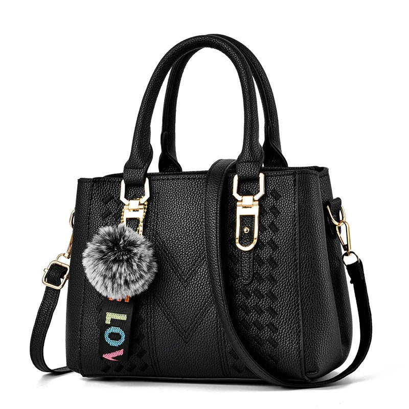 New women's handbag Fashion embroidery thread with hairball pendant large capacity shoulder bag travel Tote bag 01