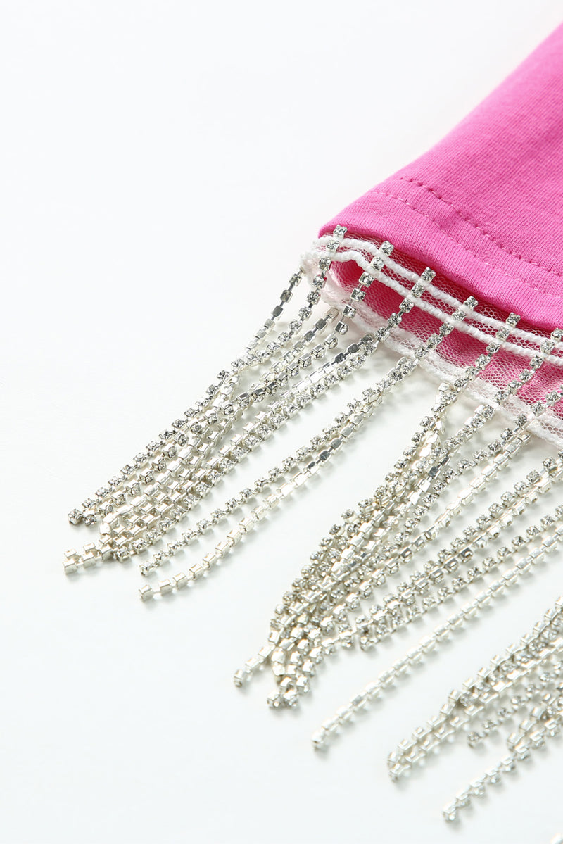 Pink Rhinestone Fringe Short Sleeve Crop Top