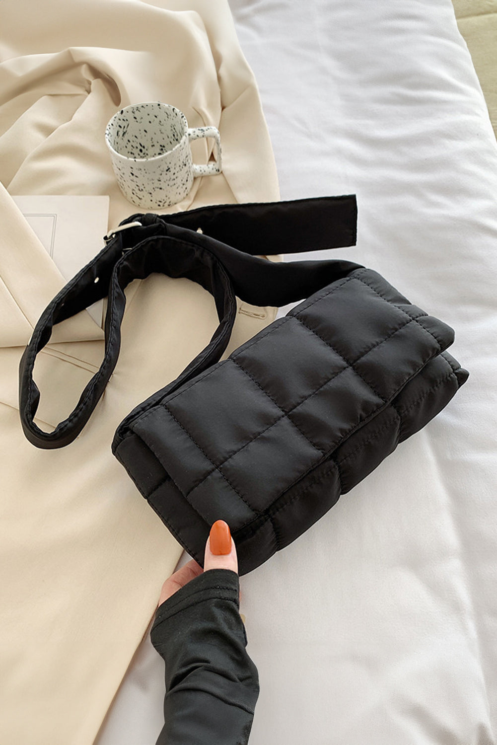 Black Adjustable Wide Strap Quilted Puffer Crossbody Bag